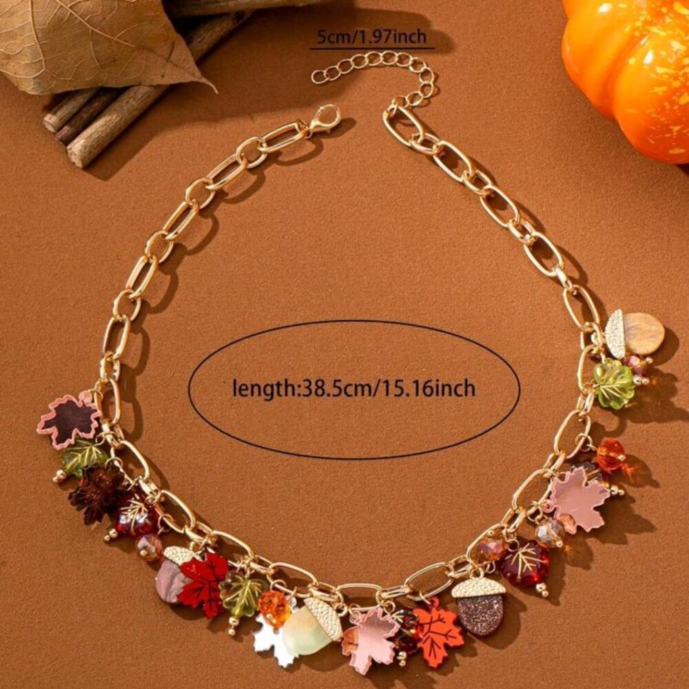 Fall Multi Gold Charms Necklace Maple Leaf Chestnut  with Autumn accents - Picture 2 of 4